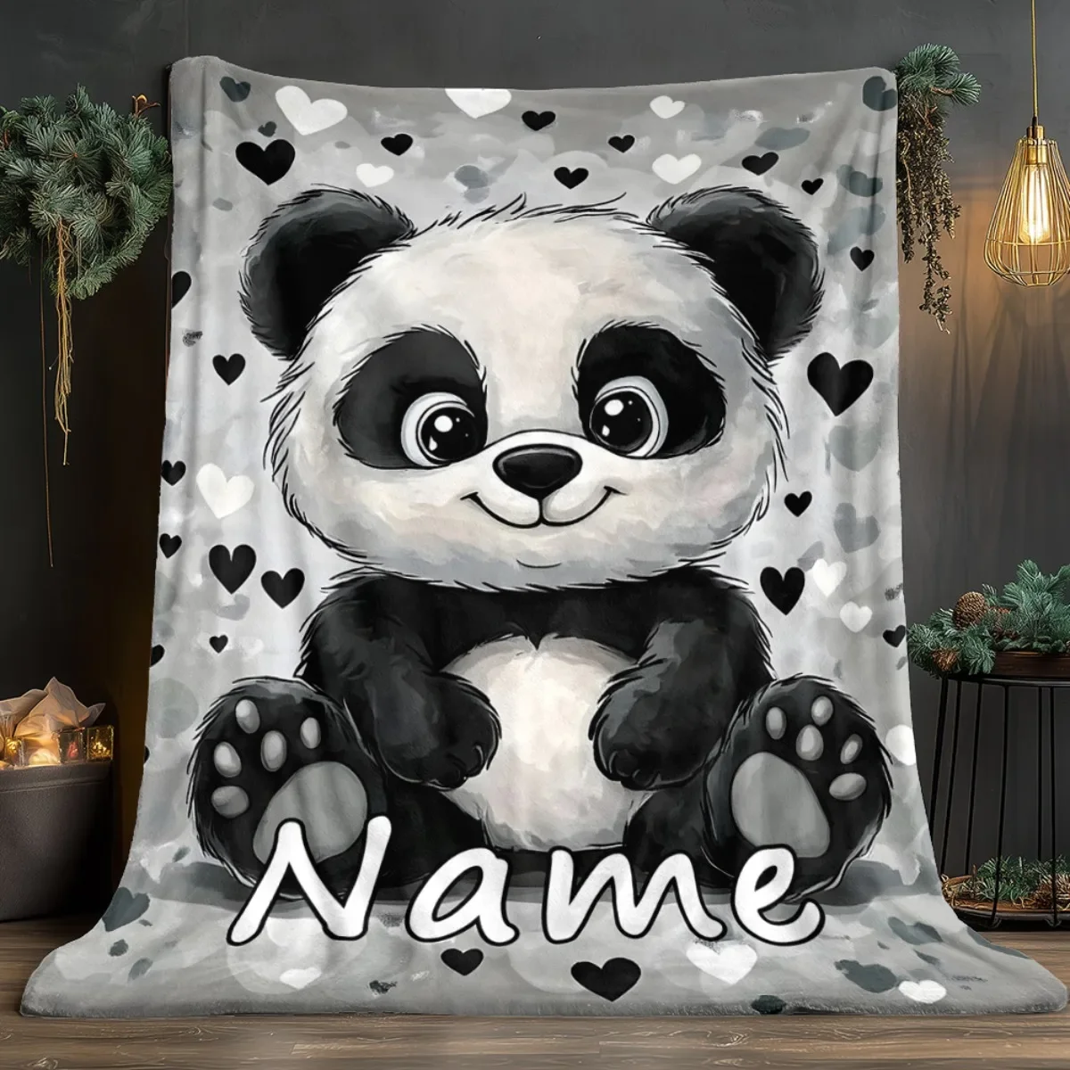 Personalized Panda Blanket Cute Cartoon Panda With Hearts Background Custom Name Soft Fleece Throw Gift For Kids And Babies