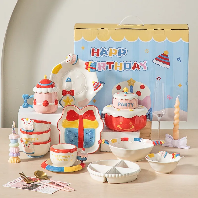Cartoon Gift Box with Bow Ceramic Bowl and Plate Cute Cartoon Tableware Instant Noodle Bowl and Plate Happy Birthday Tableware