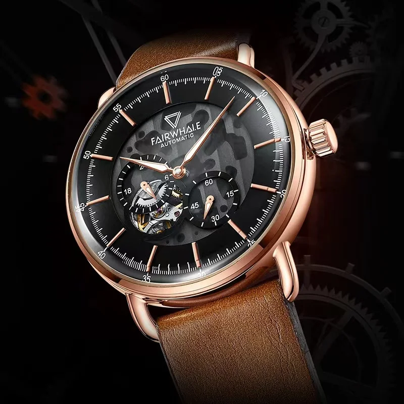 

FAIRWHALE Automatic Movement Mens Watch 6360 Sapphire Glass Skeleton Brown Leather Strap Tourbillon Mechanical Watches For Men