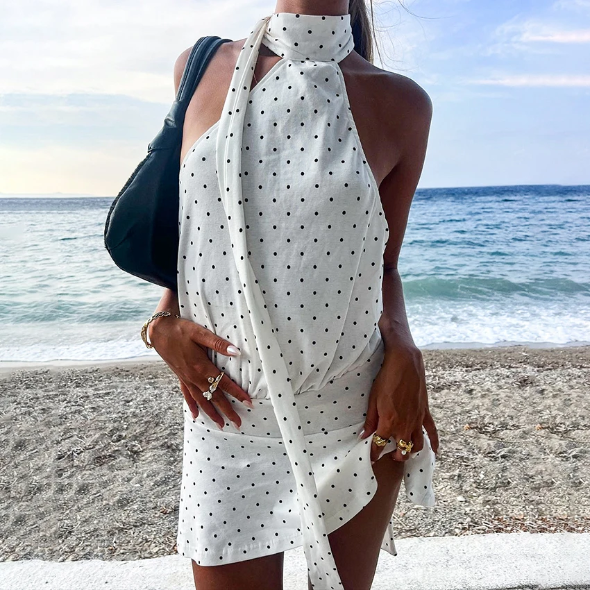 

Linad Summer Beach Black Dot Halter Dress Woman Sexy Backless Mini Dresses For Women Casual Lace Up Knit Pencil Dress Lady 2025