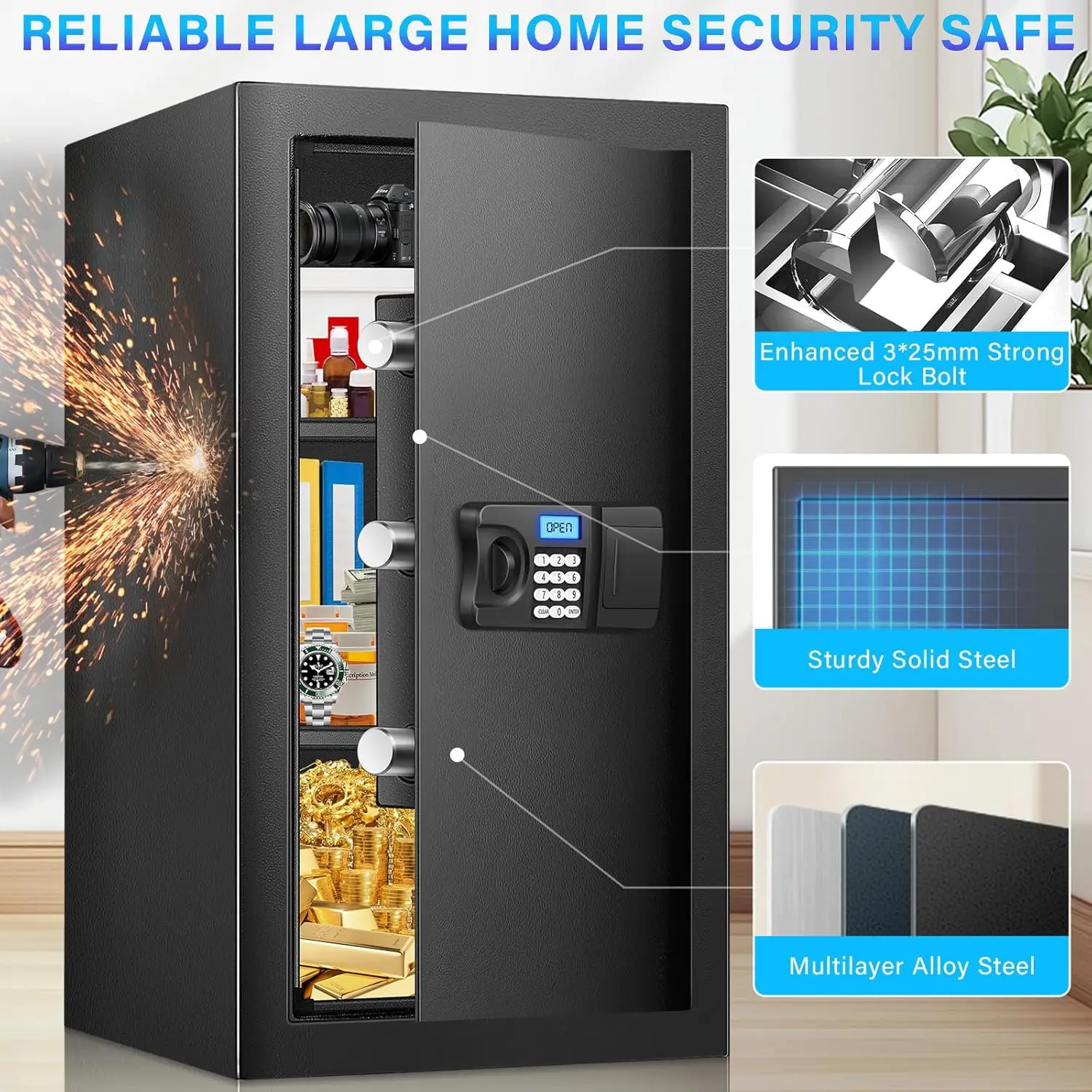 Safe Box, 4.3 Cuft Home Safe with Fireproof Waterproof Bag, Anti-Theft Digital Security Safes with Smart Alert System, Removable