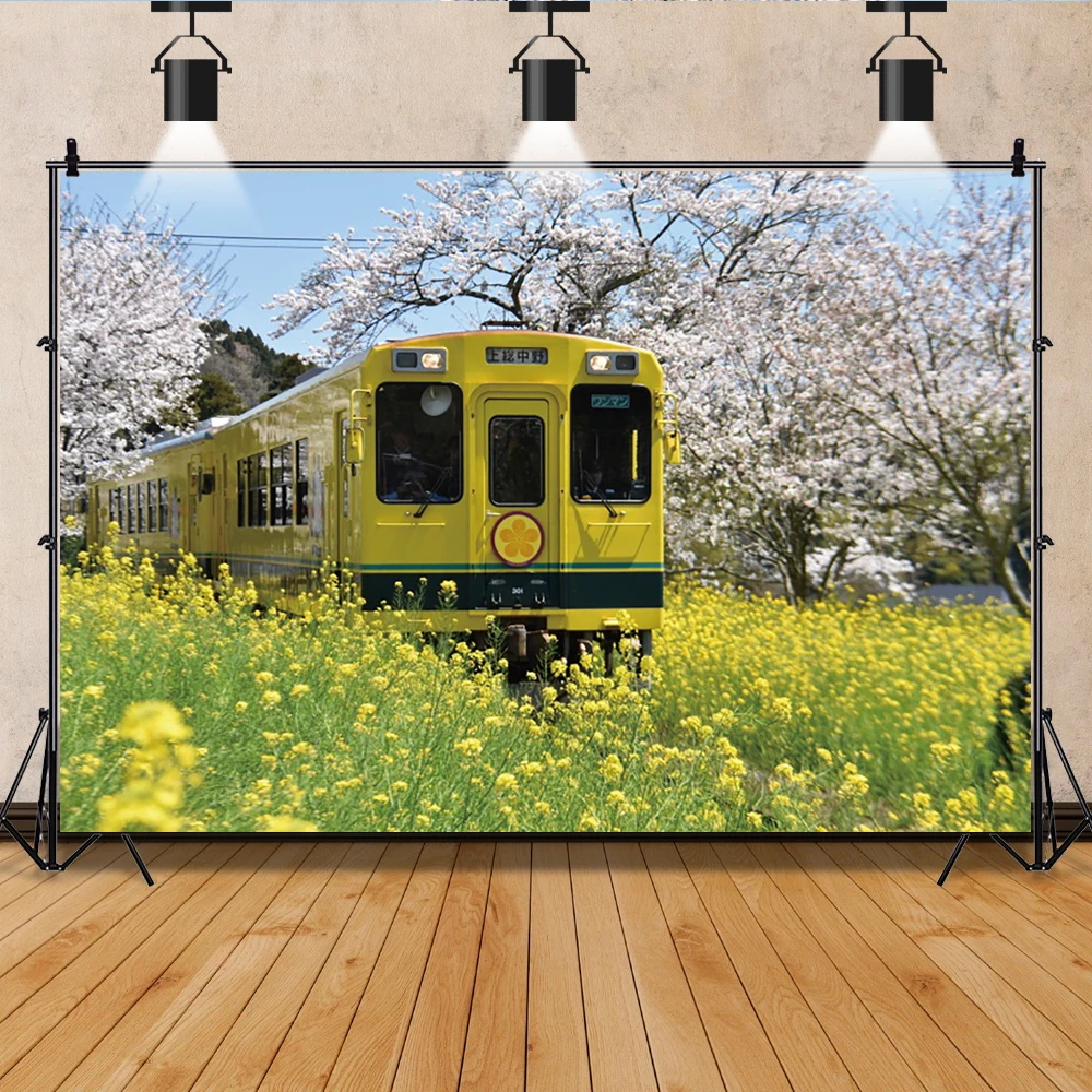 Spring Flower Field Cherry Tree Photographic Background Yellow Train Natural Scenery Living Room Decor Child Portrait Backdrops