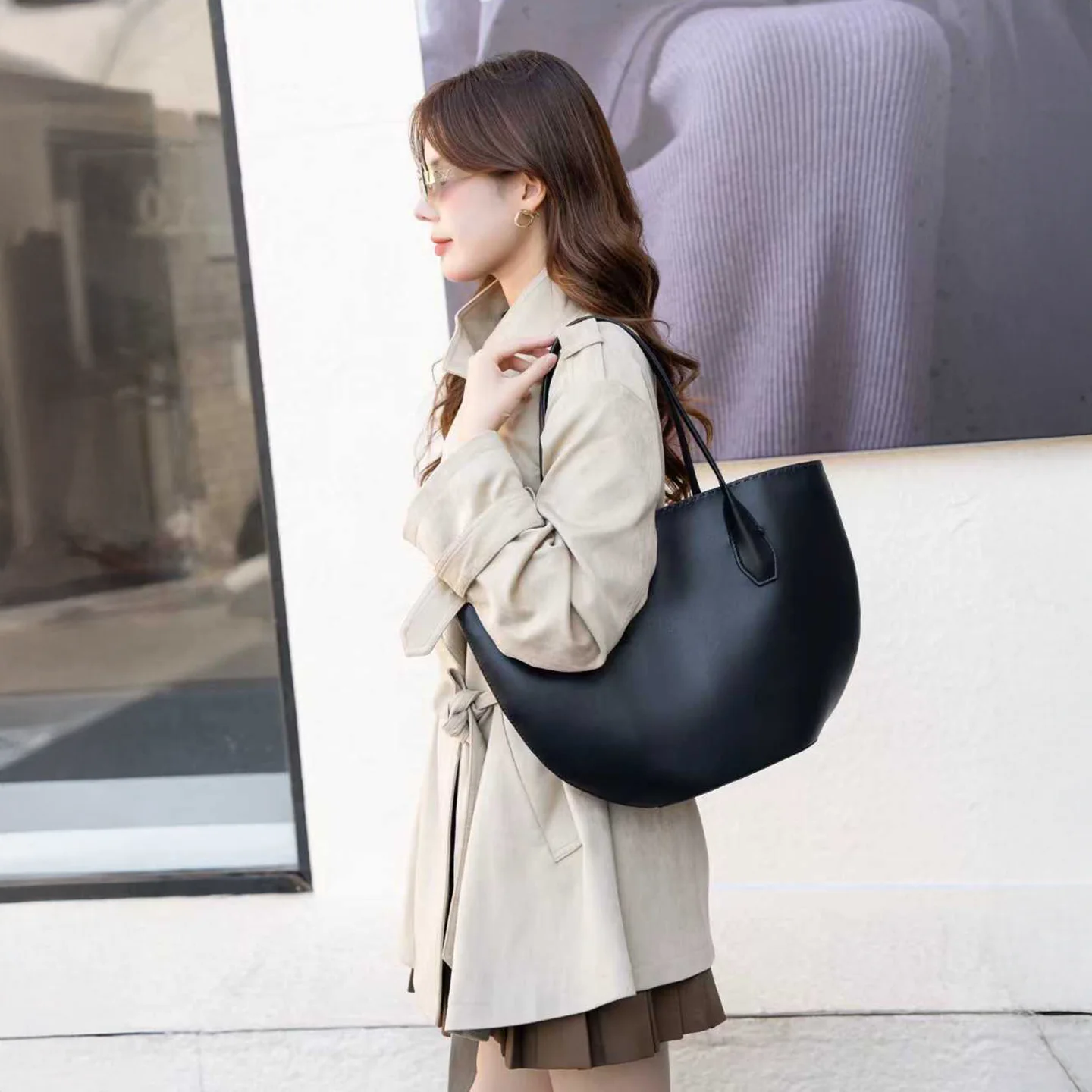 حقيبة يد ميندي تحت الإبط للنساء ذات سعة كبيرة من الجلد الطبيعي، حقيبة كتف مزدوجة بتصميم حضري بسيط