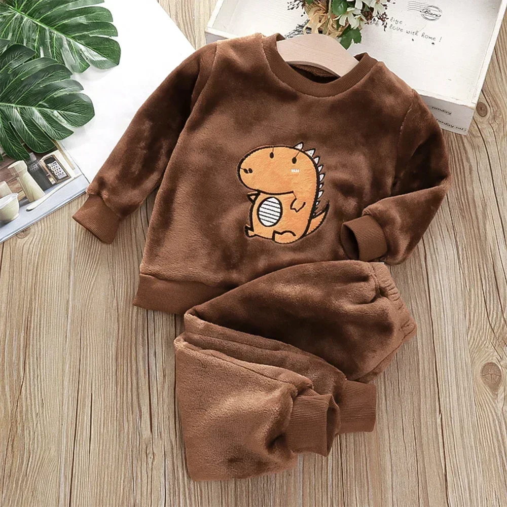 1-6 Year Old Boys and Girls Coral Fleece Home Suit  Cartoon Dinosaur Print Two-piece Set Autumn and Winter