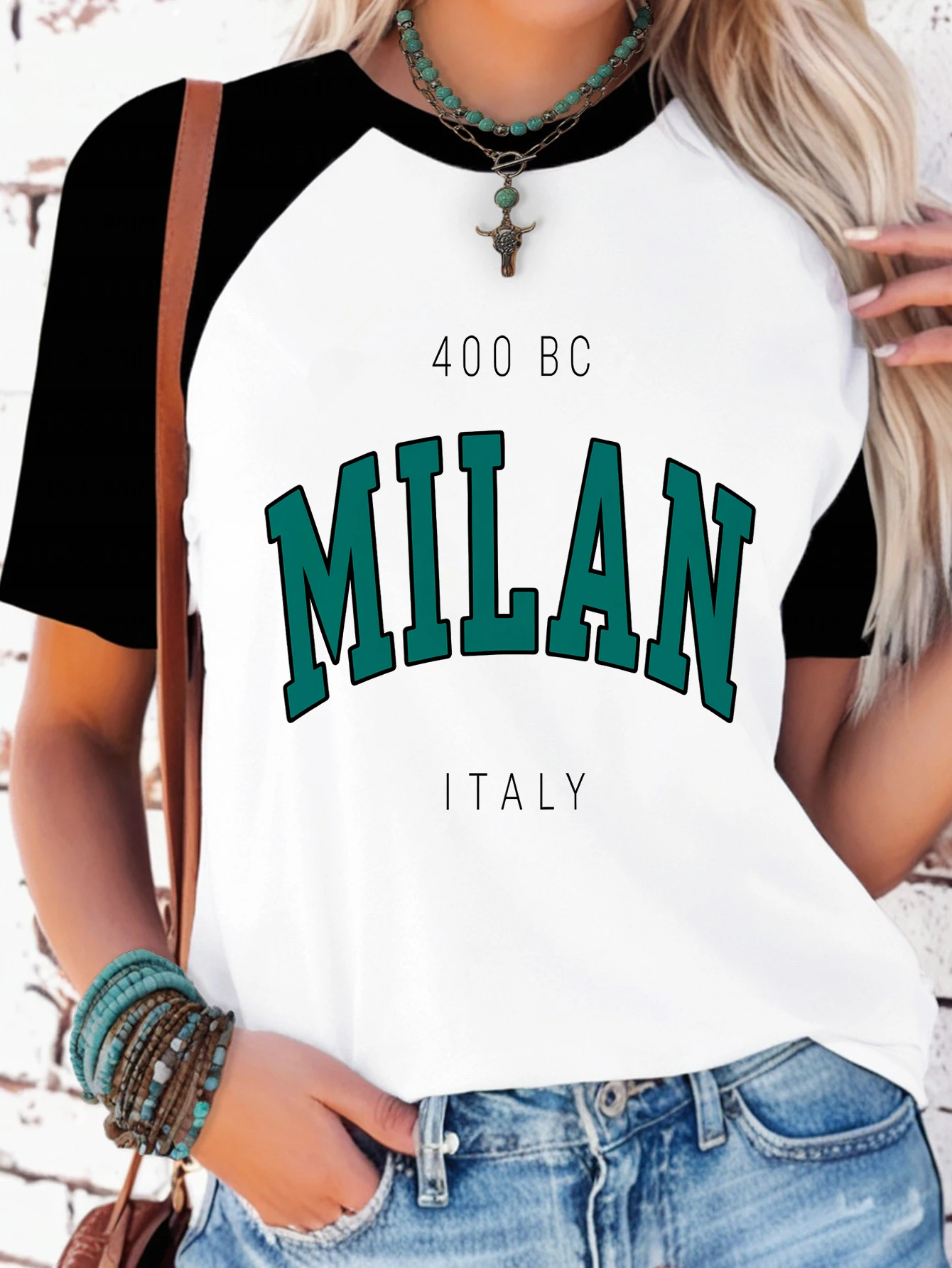 Harajuku Trend T Shirt New Fashion Circle Milan Italy Text Print Vintage Style Women's T-shirt Raglan Short Sleeve Tops Clothes