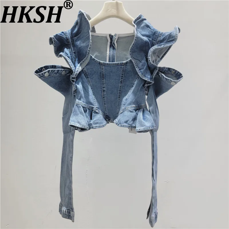 HKSH Women Chic Short Denim Top Three-dimensional Ruffled Split Long Sleeves Slim Fit Retro Sweet Tees New Spring Summer HK20429