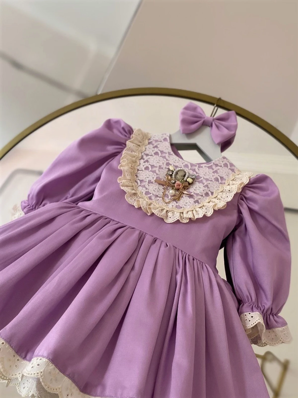 Spring Autumn Girl's Vintage Lace Purple  Dress With Bow Hair Clip For Casual Party Birthday Wedding Photography