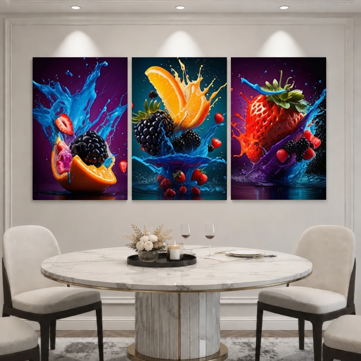 2D Flat, 3pcs Modern Fruit and Juice Splash Wall Art Prints, Colorful Berry, Orange and Lemon Splash, Frameless Art Prints fo