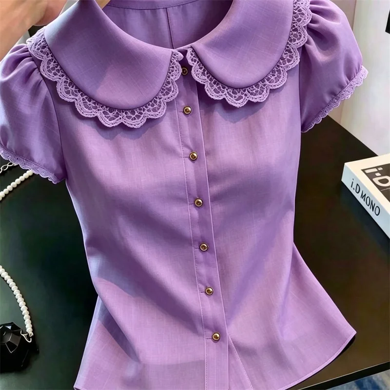 Fashion Cardigan Temperament Age-reducing Loose Shirt Lace Doll Collar Shirt Purple Single-Breasted Short-sleeved Shirt Female