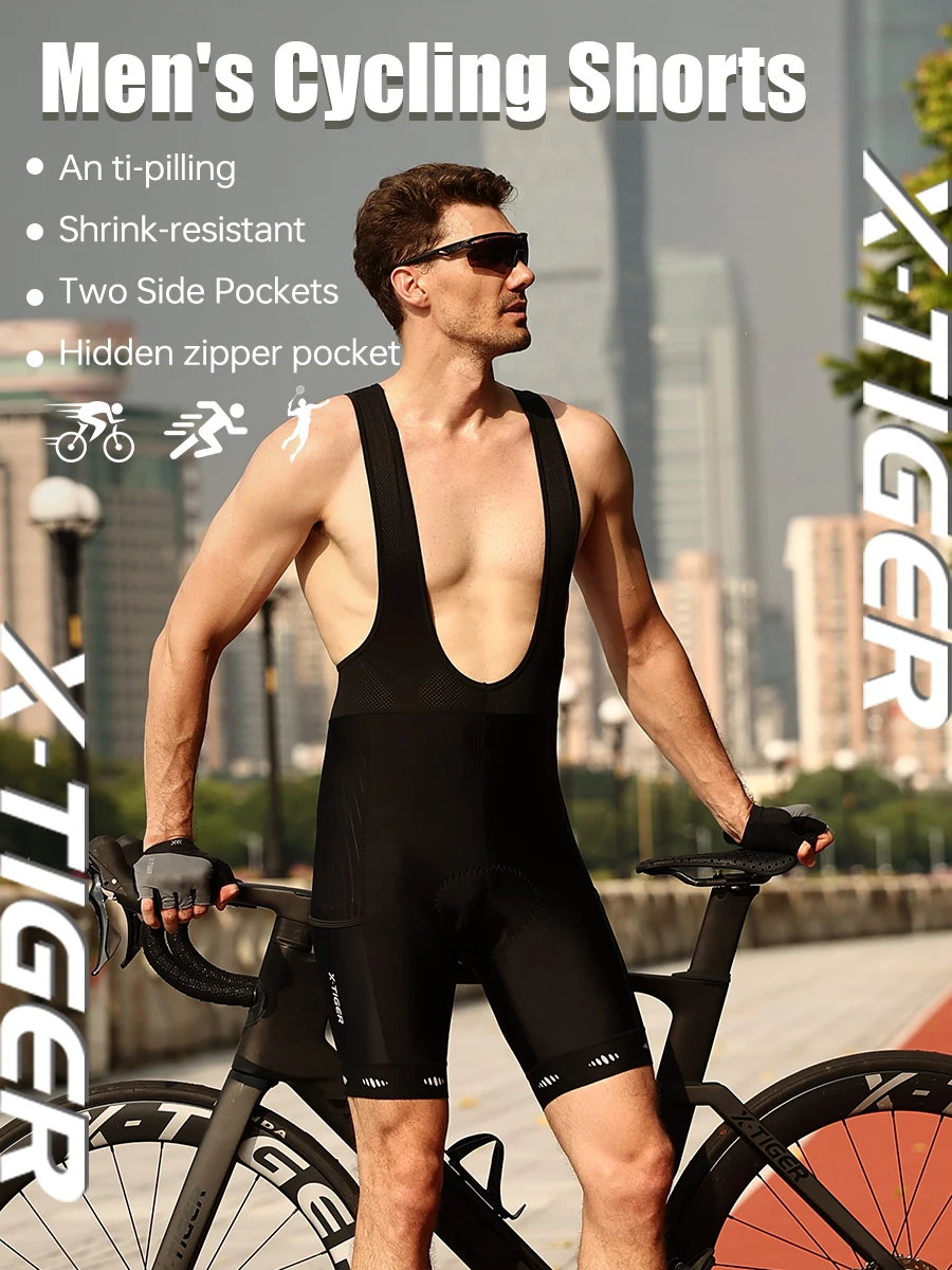 X-TIGER Herren Fahrrad-Trägerhose 5D Gepolstert Stoßfest Fahrrad-Trägerhose Atmungsaktiv Schnelltrocknend 3 Taschen Rennrad MTB Fahrradshorts – Detail 2
