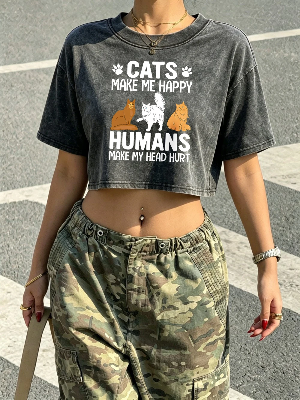 Cats Make Me Happy Printed Crop Tops Women Summer Cotton Washed T-Shirts Y2K Regular Fit O-Neck Streetwear Casual Womans Clothes