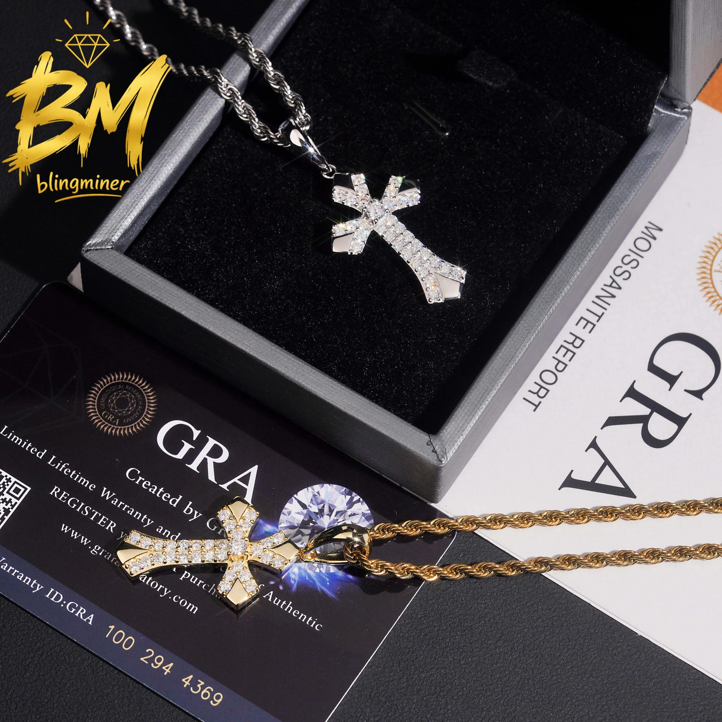 Blingminer Iced Out Cross S925 Silver VVS Moissanite Pendant For Men Women S925 Silver Pendants Jewelry Pass Diamonds Tester GRA