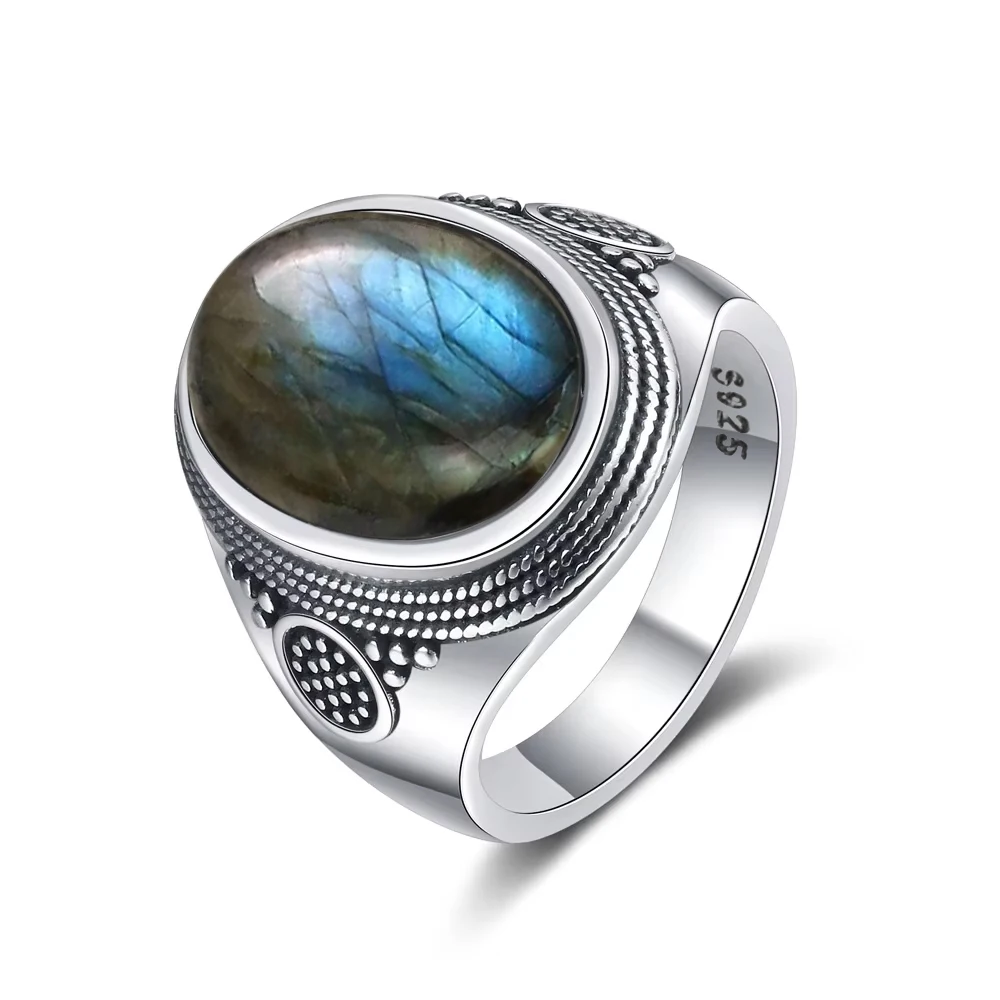 خمر S925 فضة 10*14 مللي متر اللابرادوريت الدائري مع Moonstone كبير الحجر الطبيعي خواتم ريترو بوهو مجوهرات للرجال النساء