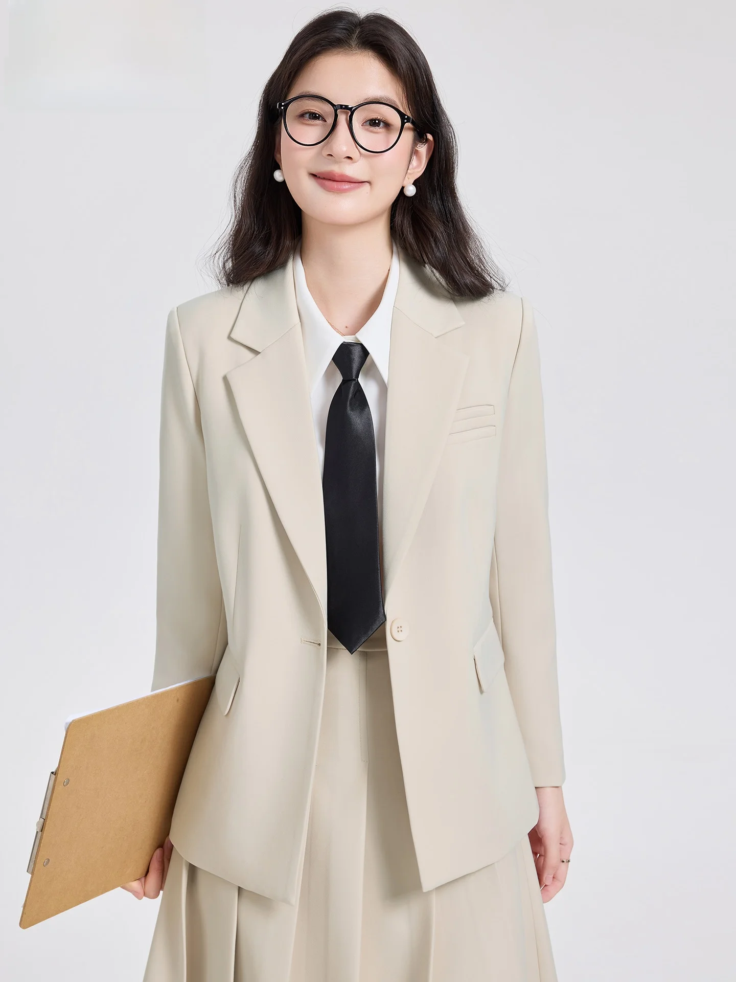 

Костюмный комплект цвета сакуры для женщин, новинка 2026 года, деловой стиль для собеседований, из полиэстера, с длинным рукавом, стандартный крой