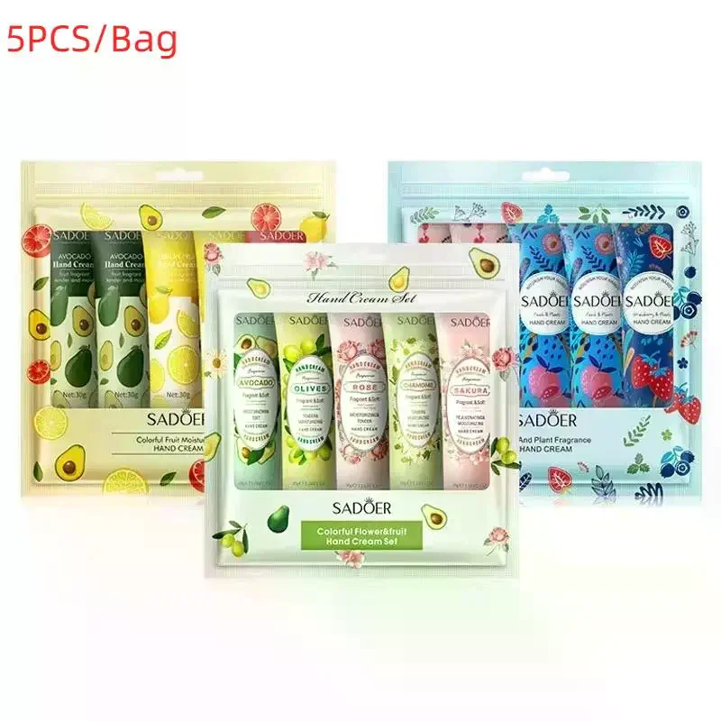 5pcs/set Sadoer Fruit Plant Fragrance Hand Cream Sets Moisturizing Anti Dry Hand Lotion Sets Hands Skin Care Products