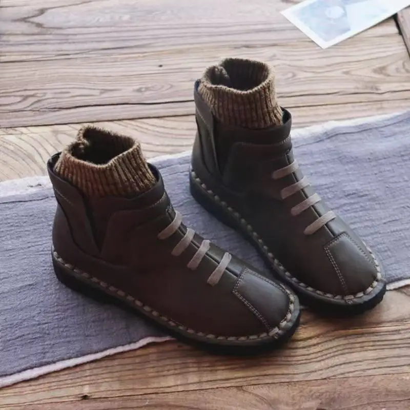 Careaymade-series Sen female literary wool mouth short winter boots and handmade wool round thick soled ankle boots,4 colors
