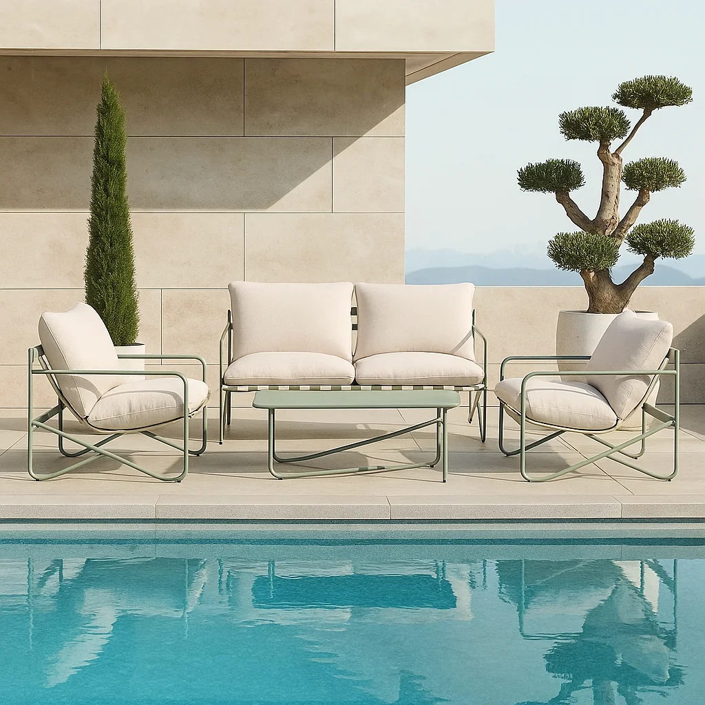 

Modern 4-Piece Outdoor Patio Furniture Set with Steel Frame Breathable Mesh Support Cushioned Sofa Chairs and Coffee Table