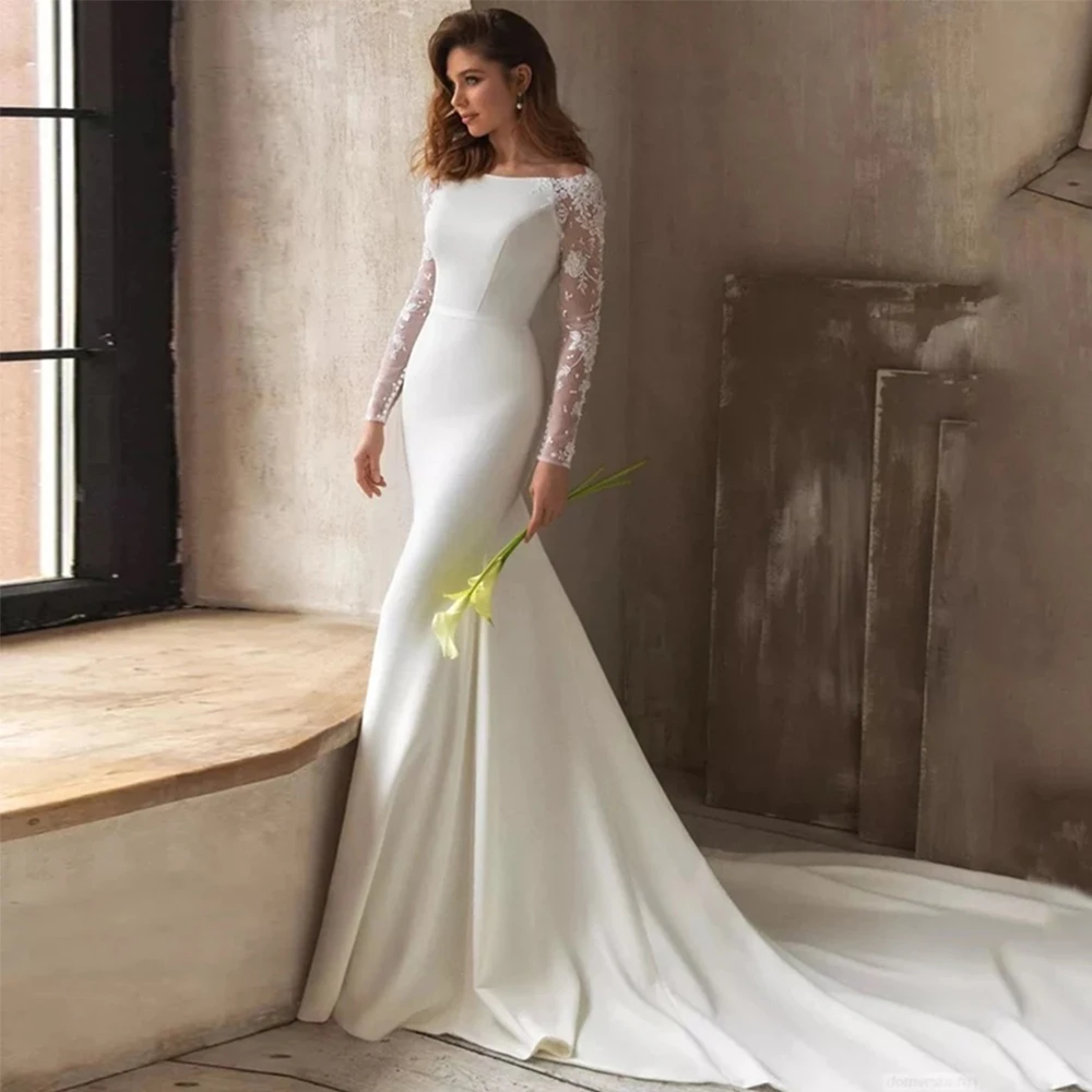 Spitze Langarm Meerjungfrau Hochzeit Kleider 2022 Boot Neck Wunderschöne Brautkleid Für Frauen Sexy Open Back Satin Taste SweepTrain