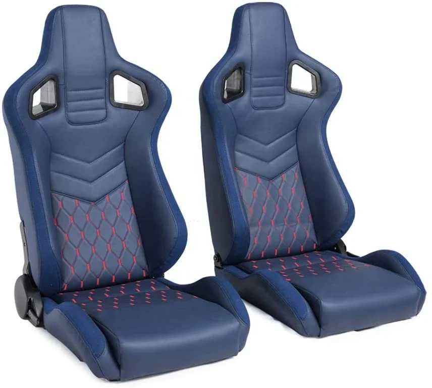 

Индивидуальное гоночное сиденье-симулятор из ПВХ-кожи с логотипом, полностью откидывающееся, с сине-красной строчкой и двойным слайдером