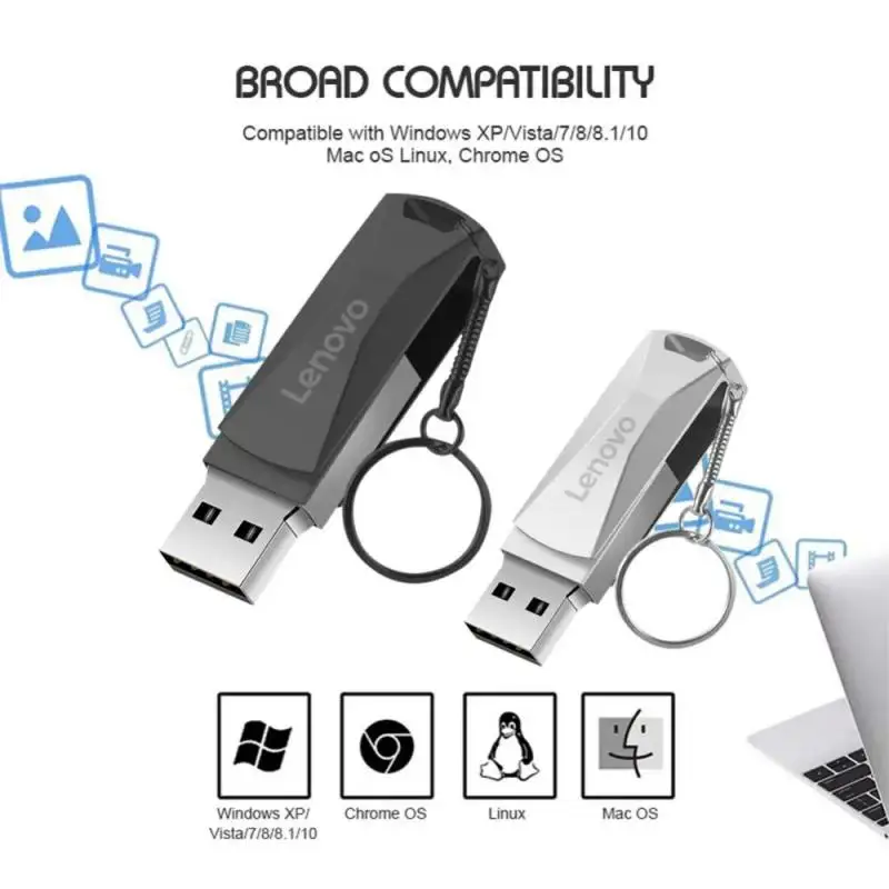 Lenovo USB Flash Drive 2TB USB 3.0, Memory Stick kapasitas nyata logam pena Drive hitam hadiah bisnis penyimpanan perak