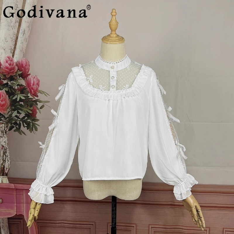 

Sweet Lolita Lace Chiffon Stand-up Collar Long-sleeved Ruffles Loose Blouse 2025 new Girls Cute Bow Gauze Hollow Elegant Shirt