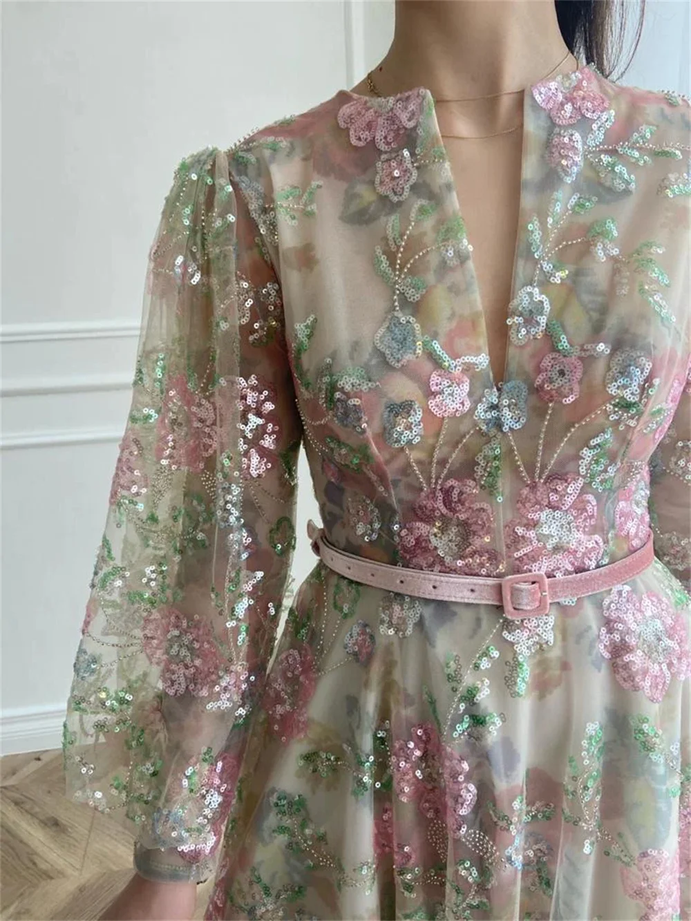 Annie-vestidos de graduación con lentejuelas bordadas de lujo, vestidos elegantes de manga larga para mujer, vestido de fiesta de tul personalizado