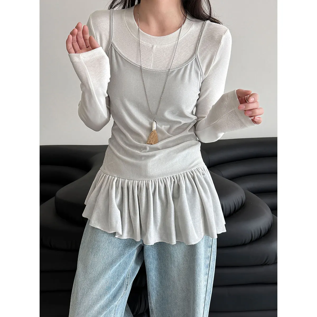 

Short Dress Women Sling Dresses Shirt Vestidos Y2k Streetwear Round Neck Full Sleeve Tops Solid Ruffles Elegant Party Night 2026