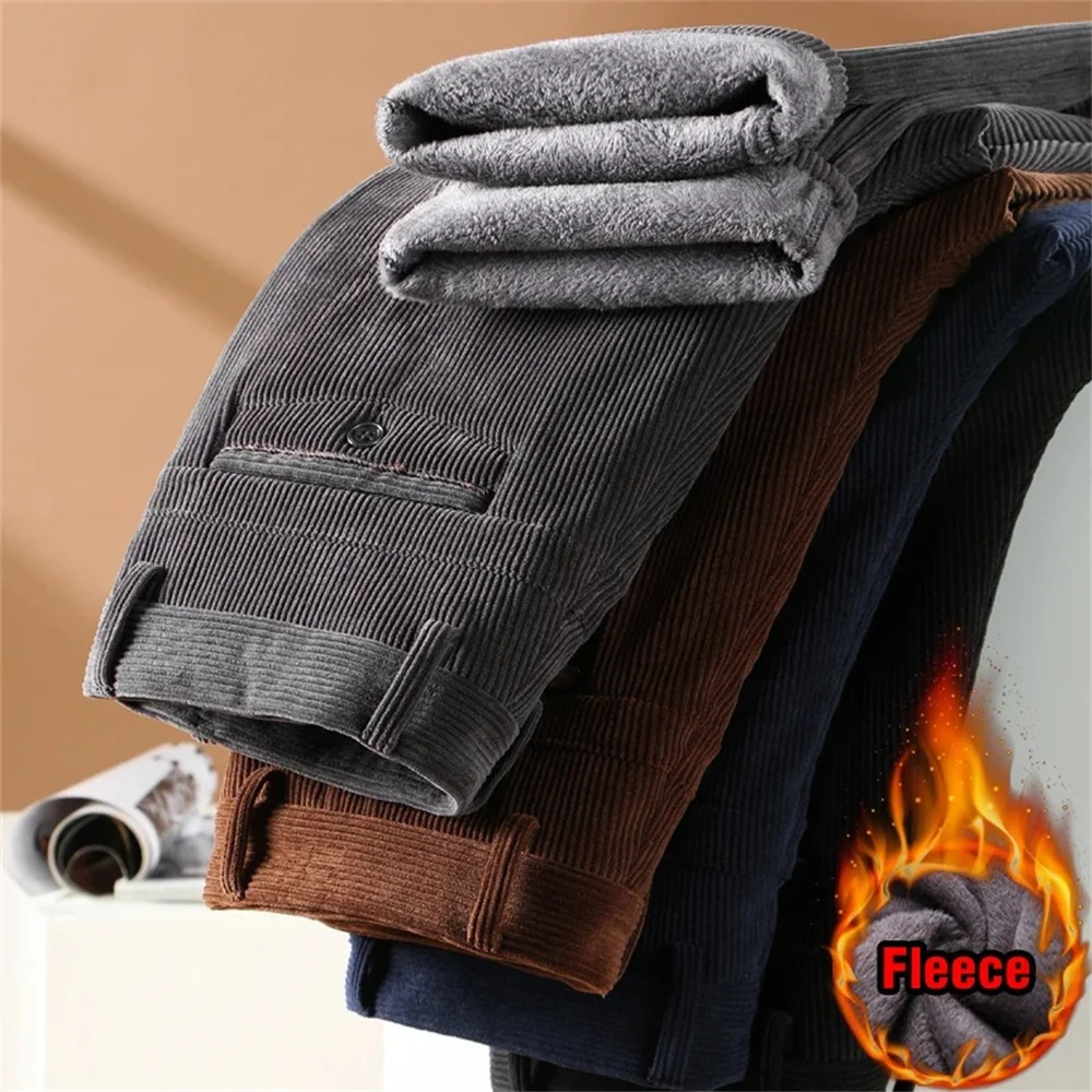 

Men's Thick Corduroy Casual Pants High Waist Button Pockets Fashion Men Elastic Pants Winter Fleece Warm Corduroy Suit Pants