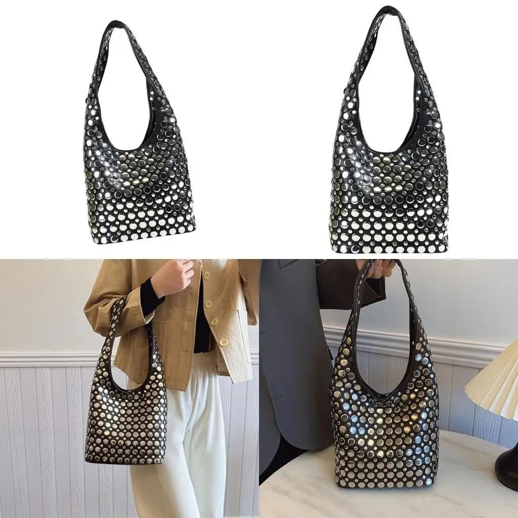 

X90D Stylish Bucket Bag Decorated Unique Studs Designs Shoulder Bag PU Leather Armpit Purse Fashion Handbag For Trendsetters