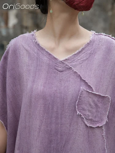 Imagen 2 del producto OriGoods, camisa de gran tamaño para mujer, novedad de verano 2021, blusa sin mangas de gran tamaño con cuello en V, camisetas holgadas originales de lino y algodón, camiseta B289