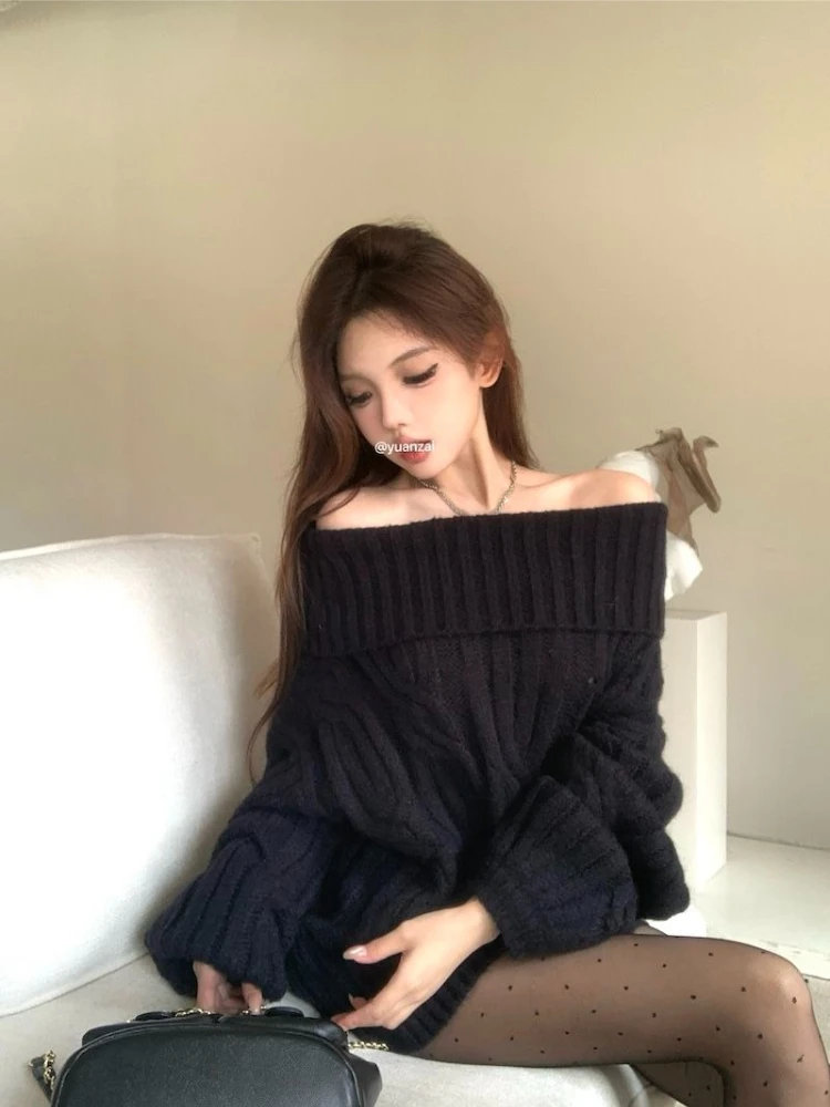 Autumn and Winter Fashion Sweet Knitted One Shoulder Hoodie Korean High End Cashmere Warm Thick Off Shoulder Long Sleeve Sweater