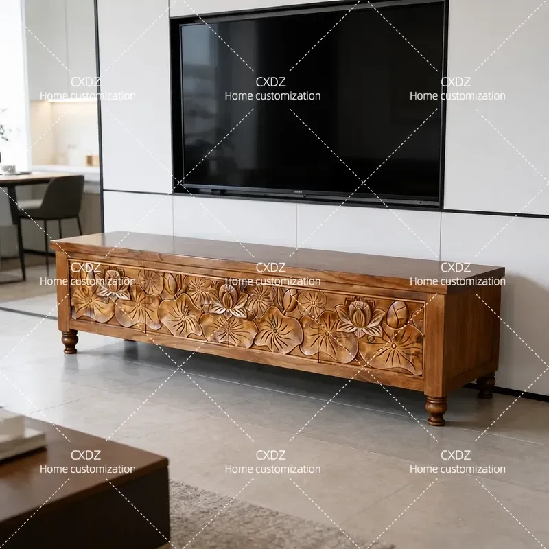 Solid Wood TV Cabinet 180cm Old Elm Log Style Chinese Carved Entertainment Center for Small Apartment Living Room Furniture