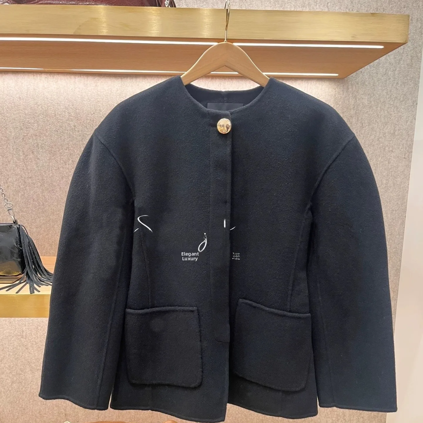 Fashionable Double-Sided Woolen Coat round Neck Waist-Cinching Outerwear Elegant French Style Youthful Long Sleeve Short Coat