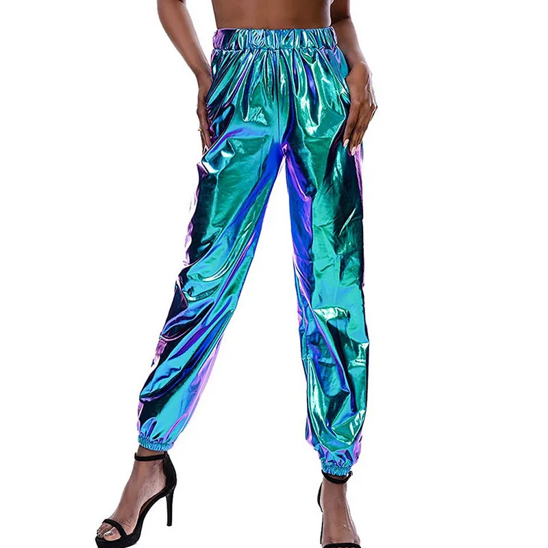 Women Shiny Metallic Jogger Pants, High Waist Stretchy Holographic Color Hip Hop Trousers