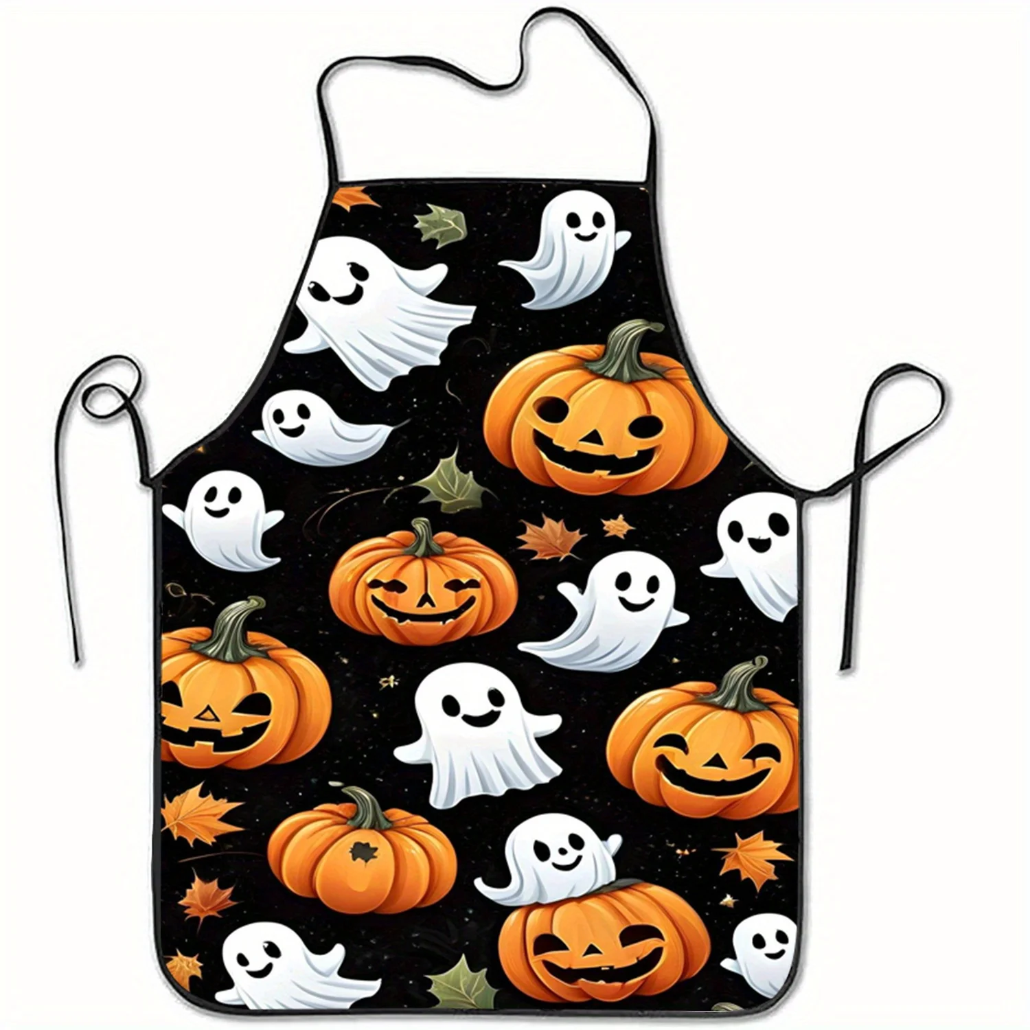 Halloween Pumpkin & Ghosts Polyester Apron - Sleeveless, Unisex Kitchen Baking Apron with Autumn Leaves Design