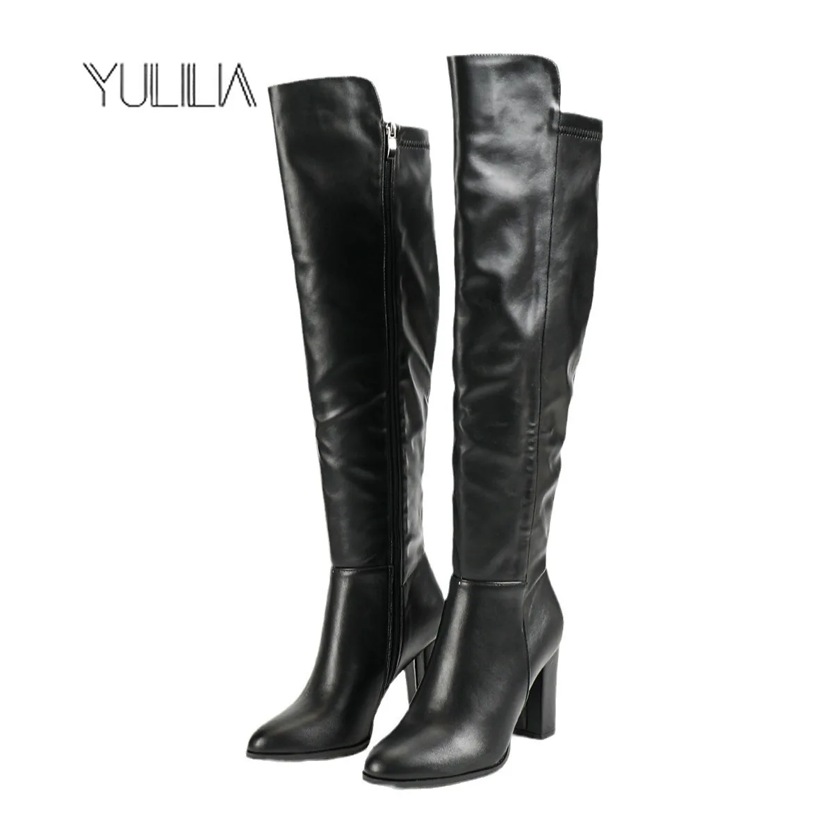 

YULILIA Trendy Women's Autumn Winter Side Zipper Pointed Thick High Heel Knee High Boots Woman Lady Girl Boots Office Nightclub