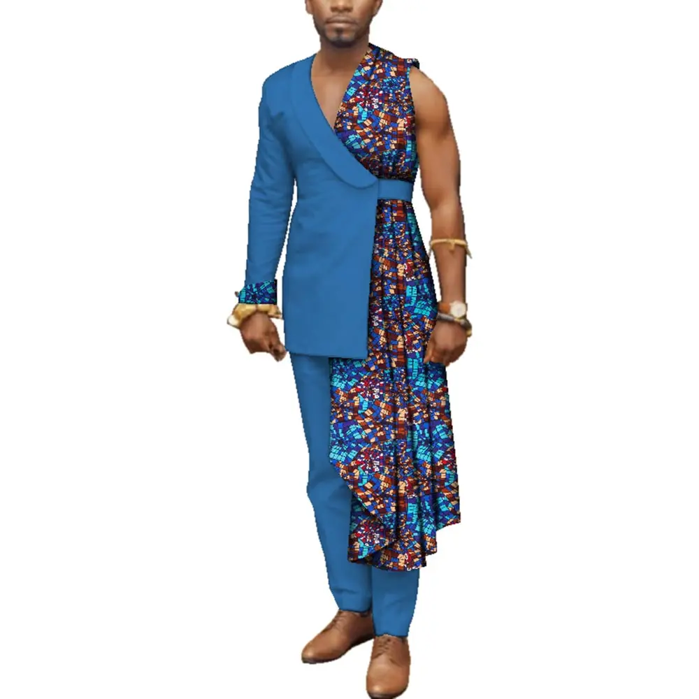 

Men Bazin Riche Patchwork One-Shoulder Top and Pants Cotton 2 Pieces Pants Sets Special Custom Mens African Clothing WYN497