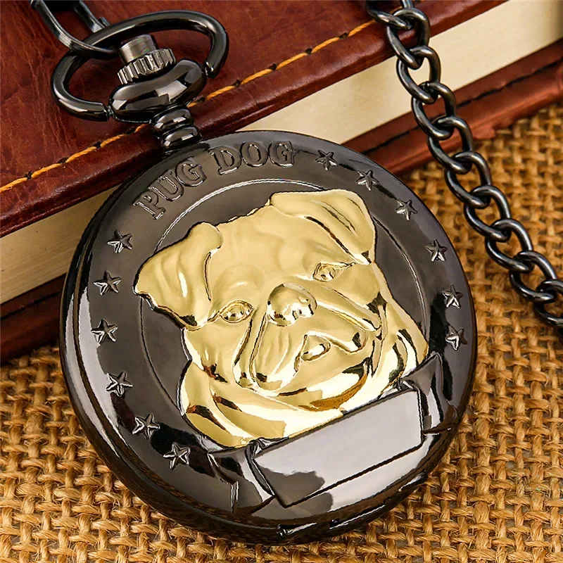 

Steampunk Black Engraved Golden Pug Dog Design Roman Number Display Quartz Pocket Watch for Men Women Long Chain Timepiece Gift