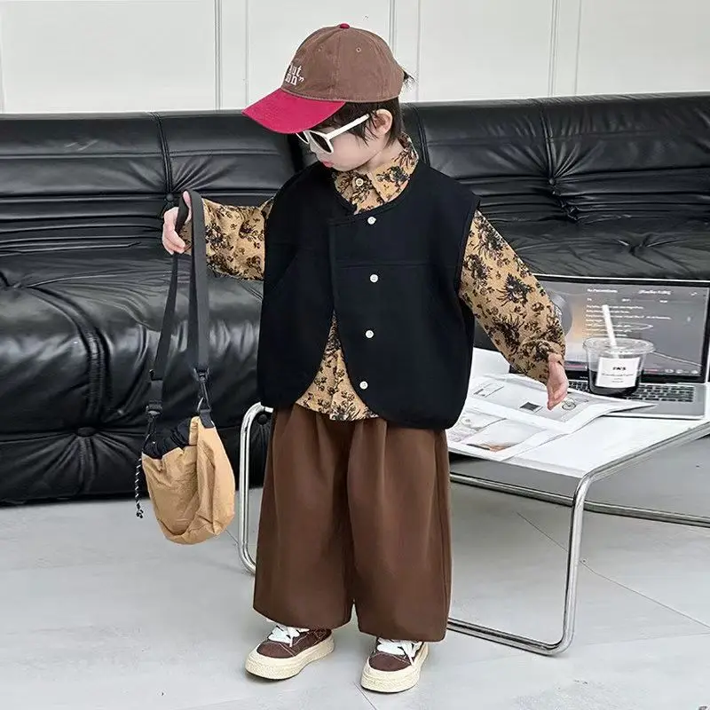 3 PCS set Autumn Spring Boy Retro Floral TShirt+Loose Harem Pants +Vest Kid Children baby Gentleman Handsome Streetwear Clothes