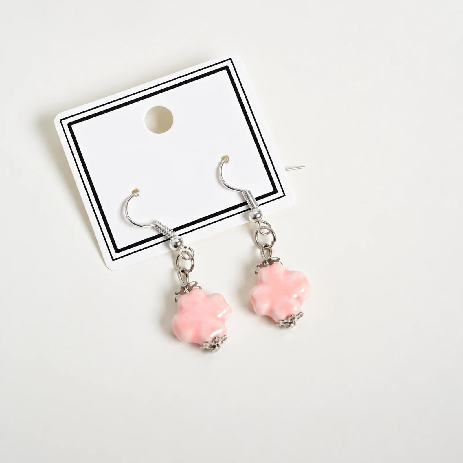 Handmade Pink Four Leaf Ceramic Drop Earrings with Metal Findings Handcrafted Artisan Jewelry Dangle 608P15-06