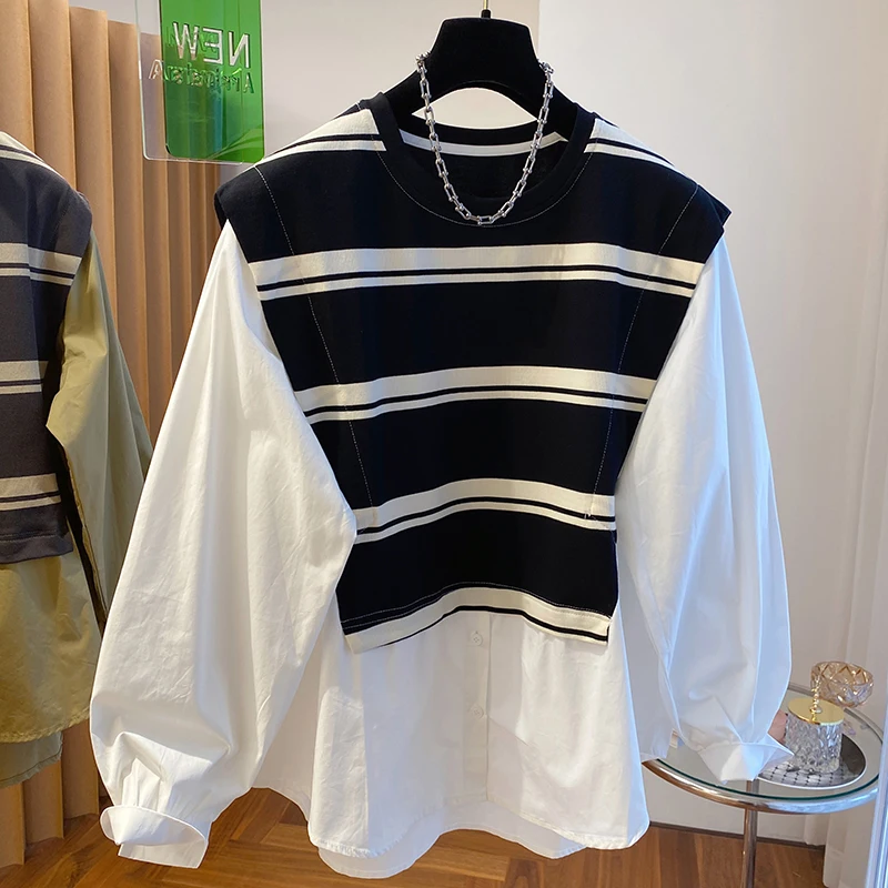 

Fake Two Pieces Crew-neck Fashion Striped Blouse Women Patchwork Vintage Oversized Cute Long-sleeved Sense Of Design Shirts