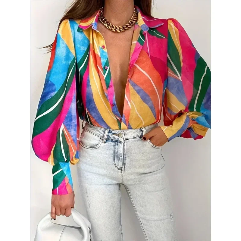 Print Shirt Top for Women Spring Deep V Casual Shirt Tops Fashion Trend Lapel Sexy Long Sleeve Lantern Sleeve Shirts