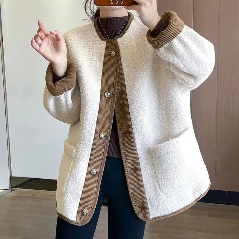Lamb wool Jacket Women's New 2026 Autumn/Winter Short Loose and Thicken Baseball Jackets Female O neck Casual Outwear Tops
