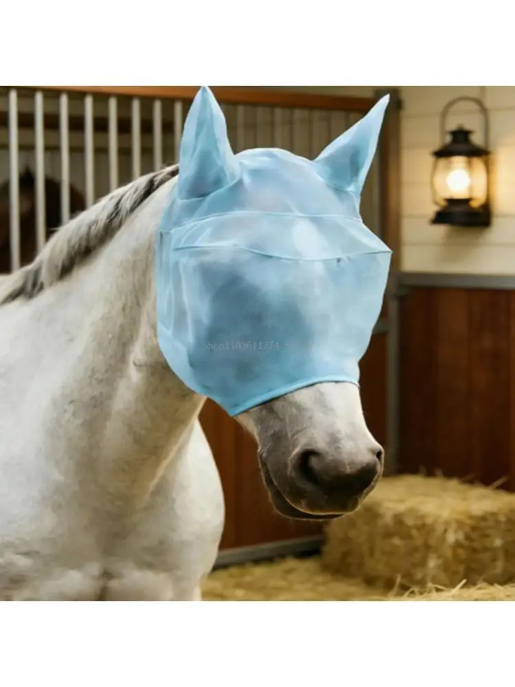 Breathable Net Horse Fly Mask with Ear Coverage, Full Face Horse Cover for Stable Use, Pasture Turnout, Light Blue Sun Cover for