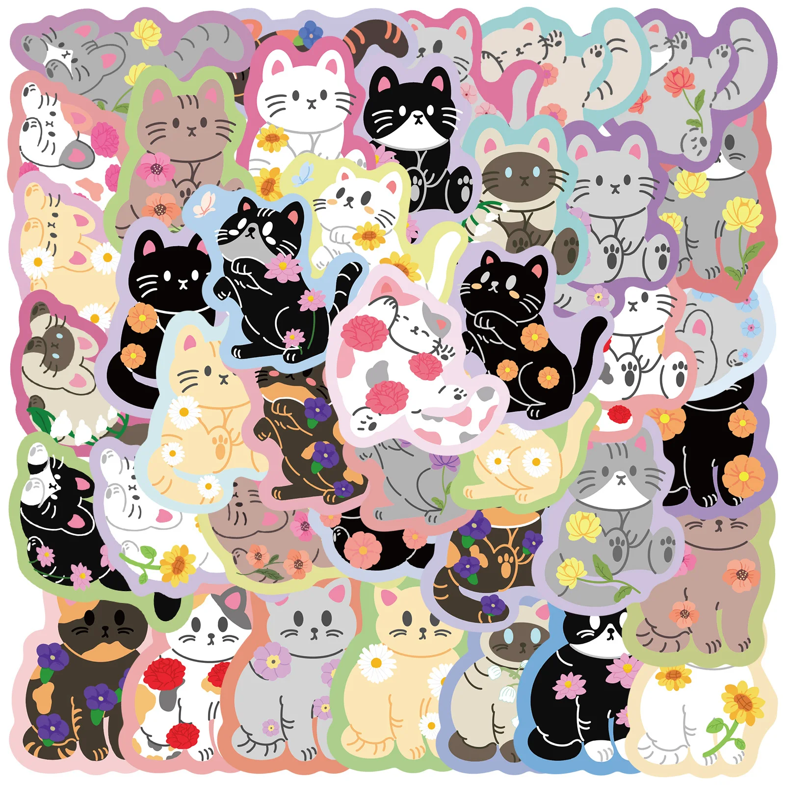 50PCS Cute Flowers and Cats Stickers Colorful Animal Waterproof Aesthetic Sticker for Water Bottle Laptop Phone Skateboard Decor
