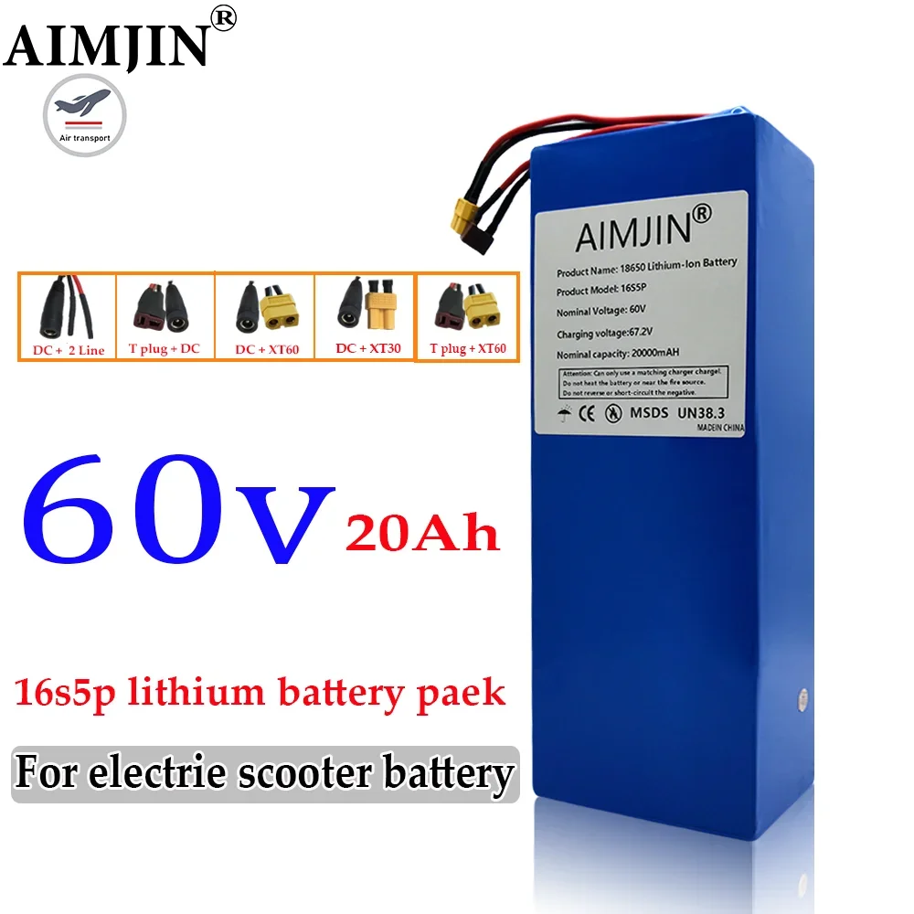 18650 16S5P Lithium-ion Battery Pack 60V 20000mAh Rechargeable Battery 2000W Motor With BMS for Motorcycle, Scooter, Bicycle