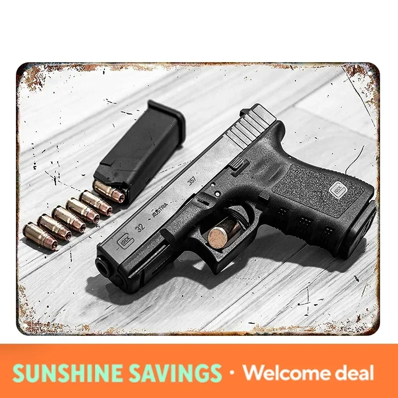 2026 HD Tin Sign Vintage Pistol & Ammo Wall Decor - Retro Firearm Metal Poster For Man Cave Gun Room Military Enthusiast Deco