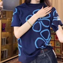 Summer Women's Clothing Geometric Round Neck Printing Short Sleeve Contrast Color T-shirt Casual All-match Office Lady Tops