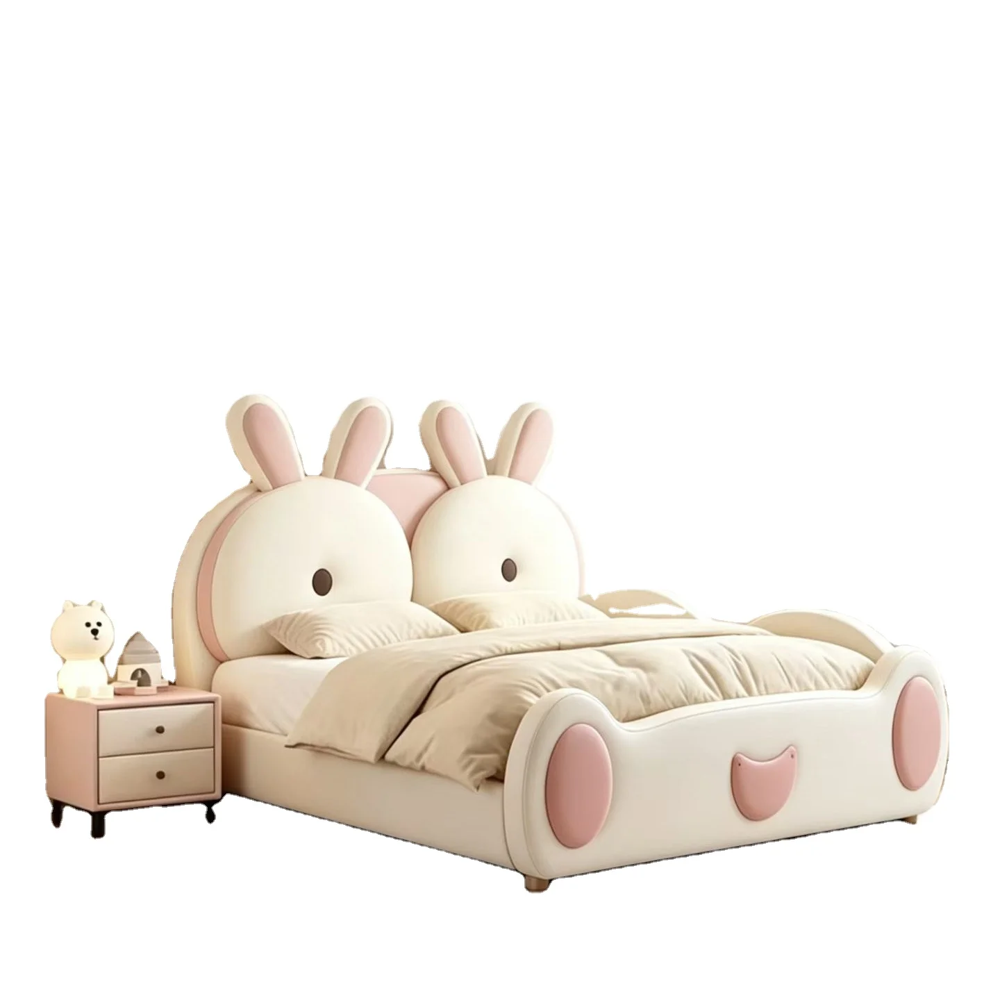 #High End Soft Modern Luxury Children's Bed for Girls Cute Creative Designer PU Leather Upholstery Storage Pine Wood Frame Pink