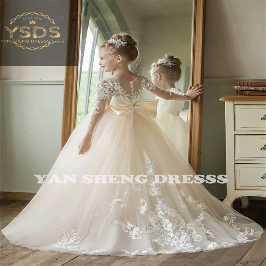 

Champagne Lace Flower Girl Dress for Wedding Applique Tulle Puffy Long Sleeves A-Line With Bow Princess Birthday Party Ball Gown